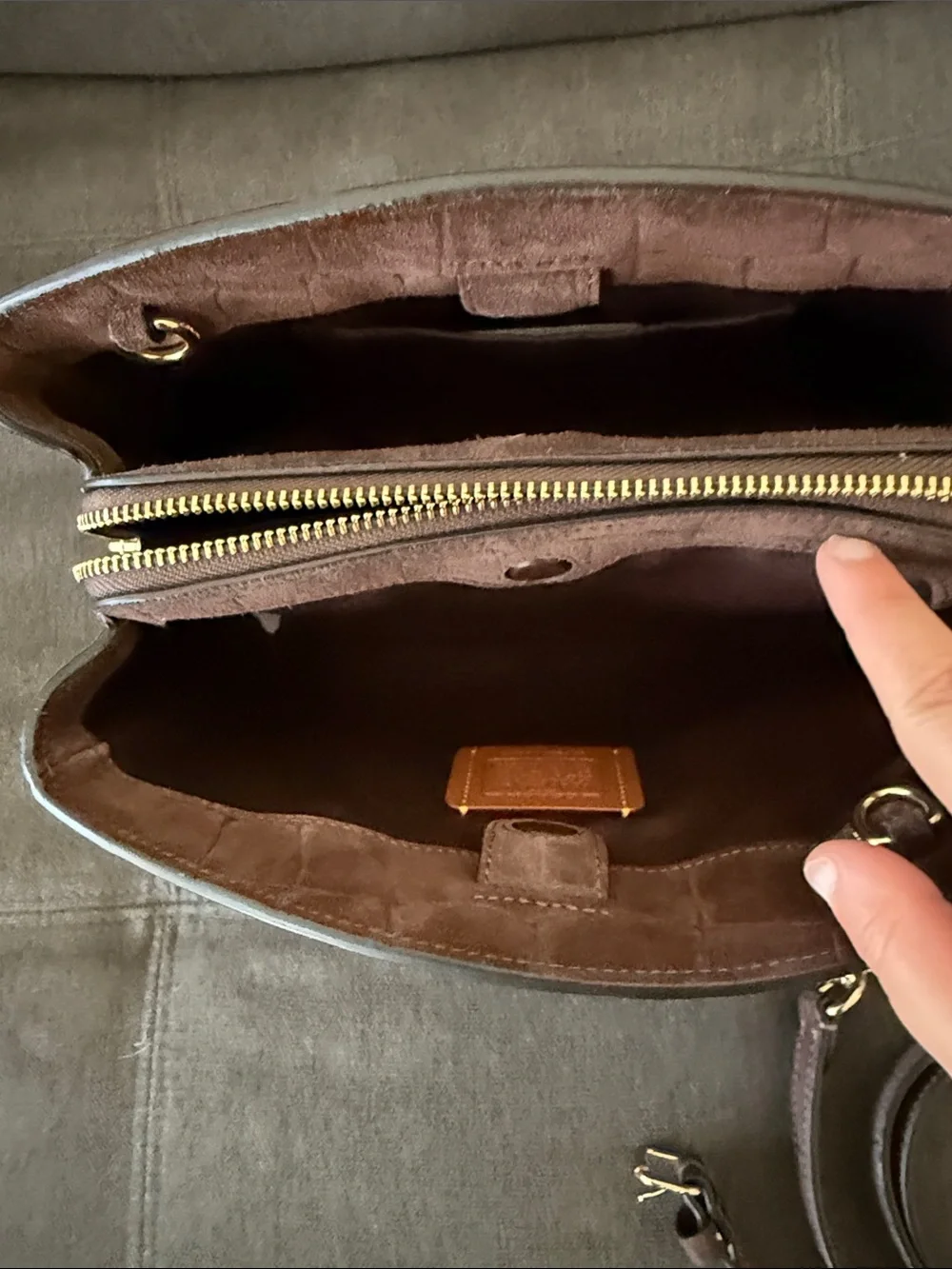 Coach Savannah Small Brown Suede Croc-Embossed Carryall with Gold Hardware